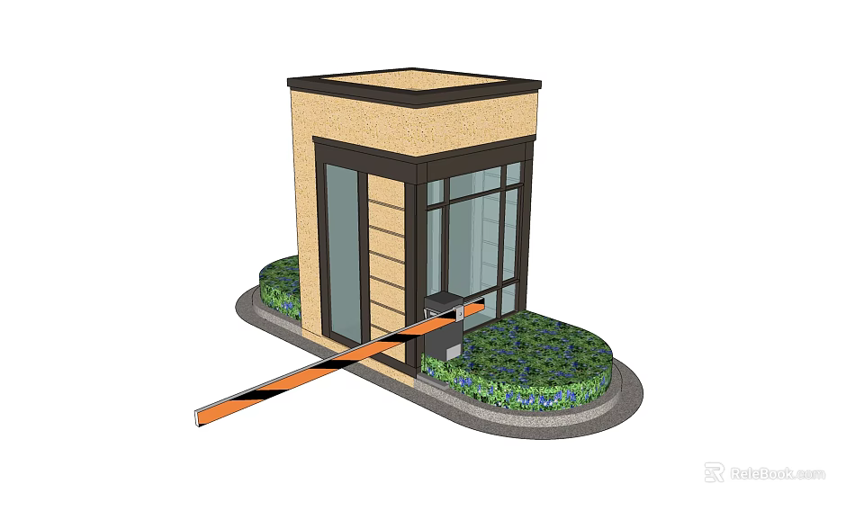 Small Beige Brown Building With Glass Windows Orange Black Barrier Green Shrubs Circular Base 3d model 