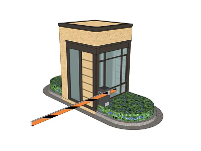 Small Beige Brown Building With Glass Windows Orange Black Barrier Green Shrubs Circular Base 3d model