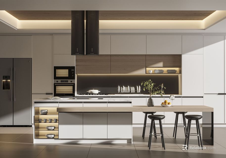 Modern Kitchen Interior Design With White Cabinets Island Counter And Built In Appliances 3d model 