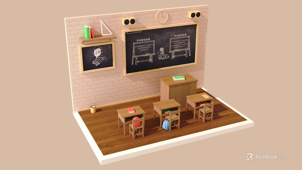 Classic Classroom Interior Design With Brick Wall Blackboard Clock Teacher's Desk And Student Desks Chairs 3d model 