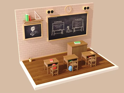 Classic Classroom Interior Design With Brick Wall Blackboard Clock Teacher's Desk And Student Desks Chairs 3d model