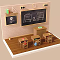 Classic Classroom Interior Design With Brick Wall Blackboard Clock Teacher's Desk And Student Desks Chairs