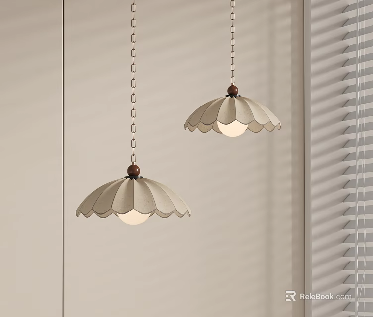 Beige Scalloped Pendant Lights With Wooden Details And Metal Chains Hanging By Light Colored Wall 3d model 
