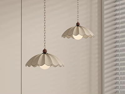 Beige Scalloped Pendant Lights With Wooden Details And Metal Chains Hanging By Light Colored Wall 3d model