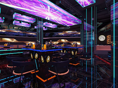 Modern Bar Interior With Neon Lights Bar Counter Stools Mirrors And Ceiling Decorations 3d model