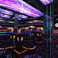 Modern Bar Interior With Neon Lights Bar Counter Stools Mirrors And Ceiling Decorations 3d model