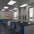Modern Laboratory Interior Featuring White Blue Lab Benches Stools Large Windows Ceiling Lights Bulletin Boards 3d model