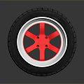Black Car Tire With Red Hub And Silver Rim On Dark Background
