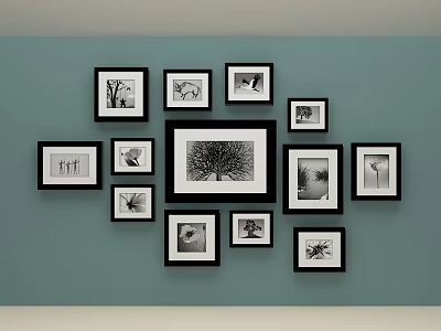 Gallery Wall With Multiple Black Frames And Black White Photos On Light Blue Wall 3d model