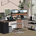 Functional Desk Workspace Setup With Two Monitors Office Chair Plants And Storage Shelves