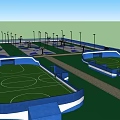 Outdoor Football Field With Green Turf Stadium Stands And Palm Trees Under Clear Blue Sky