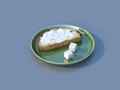 Delicious Bread With White Creamy Spread On Green Plate And Two Butter Cubes 3d model