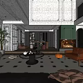 Modern Duplex Living Room Interior With Checkered Rug Round Coffee Table And Leather Sofa
