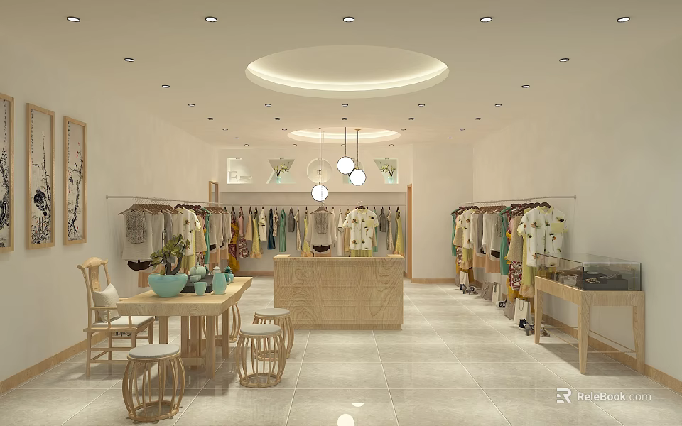 Modern Clothing Store Interior With Hanging Clothes Racks And Wooden Display Tables 3d model 