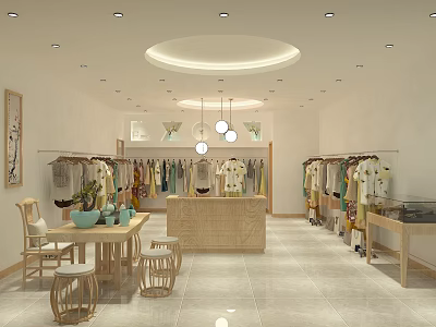 Modern Clothing Store Interior With Hanging Clothes Racks And Wooden Display Tables 3d model