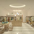 Modern Clothing Store Interior With Hanging Clothes Racks And Wooden Display Tables