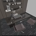 Modern Office Desk With Table Lamp Notebook Stationery Two Pink Chairs And Wooden Shelf