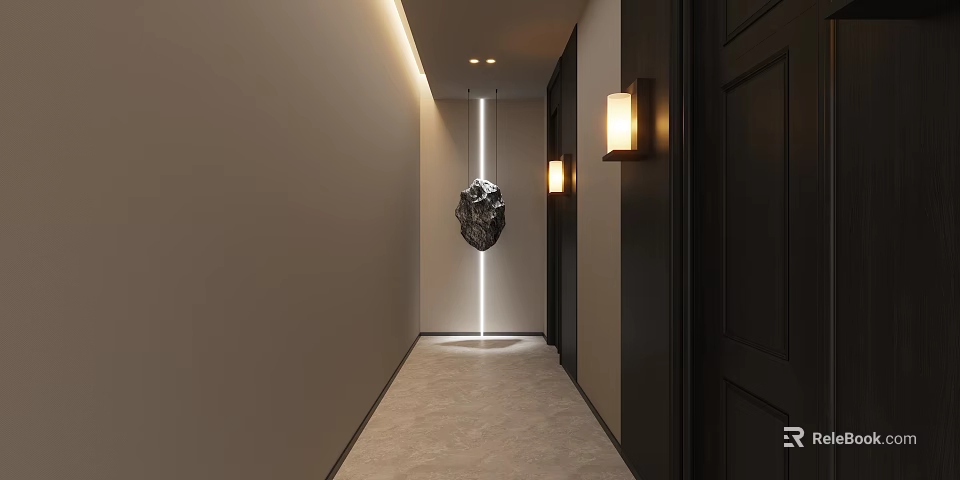 Modern Hotel Corridor With Light Walls Dark Doors Hanging Sculpture Wall Lamps And Light Carpet 3d model 