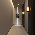 Modern Hotel Corridor With Light Walls Dark Doors Hanging Sculpture Wall Lamps And Light Carpet