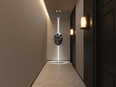 Modern Hotel Corridor With Light Walls Dark Doors Hanging Sculpture Wall Lamps And Light Carpet 3d model