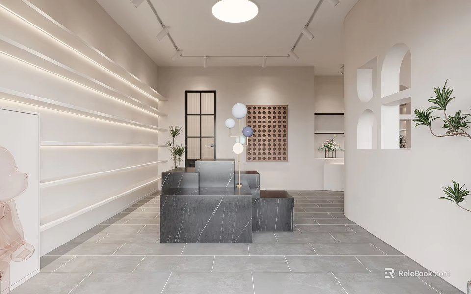 Minimalist Boutique Interior With Marble Reception Desk Geometric Decor Warm Lighting And Potted Plants 3d model 