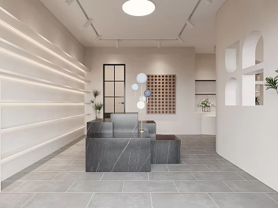 Minimalist Boutique Interior With Marble Reception Desk Geometric Decor Warm Lighting And Potted Plants 3d model