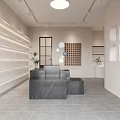 Minimalist Boutique Interior With Marble Reception Desk Geometric Decor Warm Lighting And Potted Plants