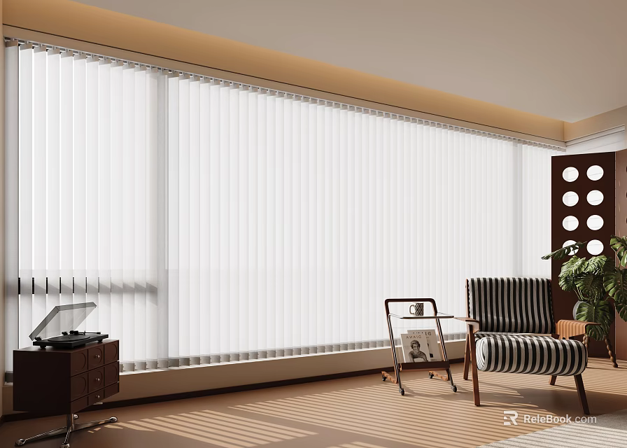Modern Room Interior With Large Window Blinds Striped Chair Side Table And Sunlight 3d model 