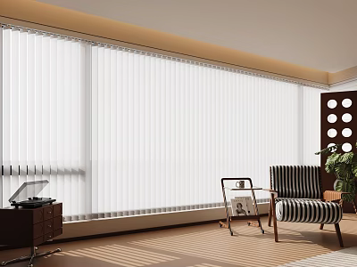 Modern Room Interior With Large Window Blinds Striped Chair Side Table And Sunlight 3d model