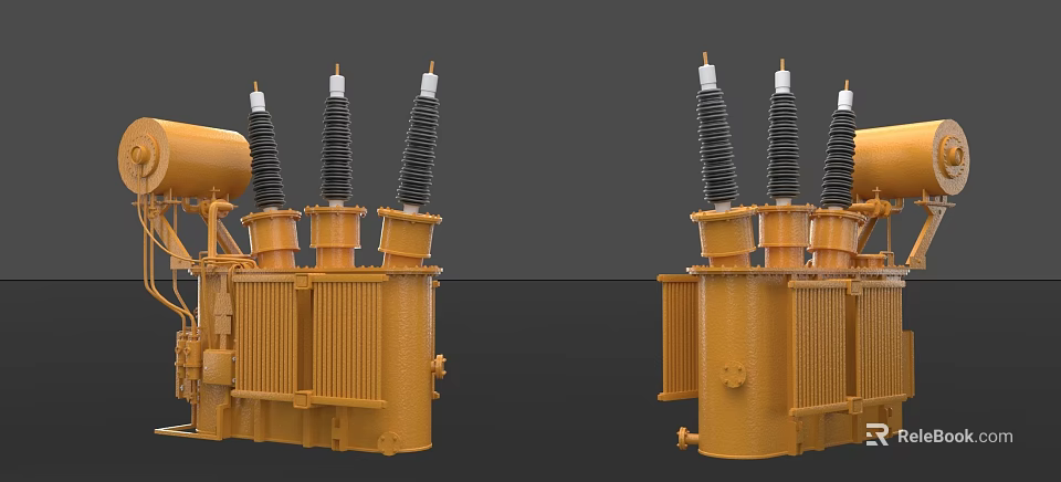 Industrial Power Transformers With Yellow Casing Black Insulating Bushings And Cooling Fins 3d model 