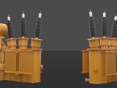 Industrial Power Transformers With Yellow Casing Black Insulating Bushings And Cooling Fins 3d model