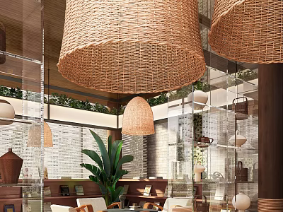 Natural Modern Leisure Area Interior With Rattan Pendant Lights Glass Walls And Green Plants 3d model