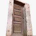 Traditional Building Exterior Wall with Intricate Carved Wooden Door and Rough Texture