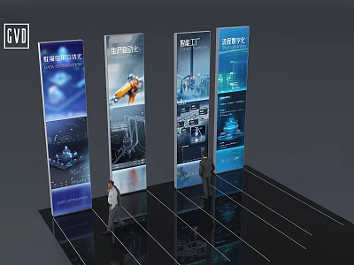 Technology Exhibition Hall With Automation Tech Displays Mechanical Arms And Factory Scenes 3d model