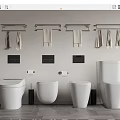 Four Modern Toilets in Bathroom Interior with Towel Racks Toilet Paper and Tile Floor