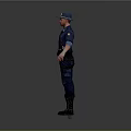 Police Officer In Blue Uniform With Hat And Equipment Belt Standing On Gray Background