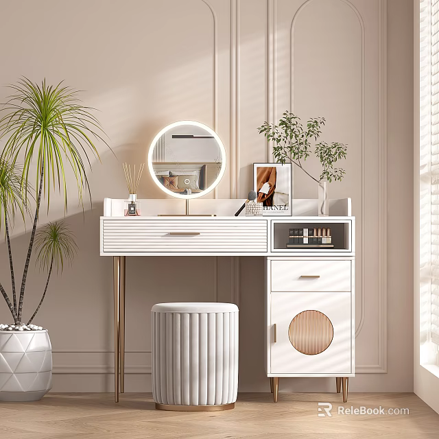 Modern Dressing Table with Round Mirror White Drawers Stool and Decorative Plants 3d model 