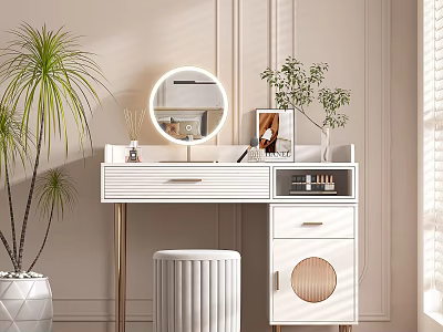 Modern Dressing Table with Round Mirror White Drawers Stool and Decorative Plants 3d model