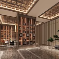 Elegant Hotel Corridor With Traditional Wooden Ceiling Decorative Columns And Potted Plants