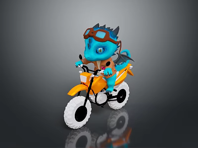 Cute Little Blue Baby Dragon With Goggles Riding Yellow Motorcycle 3d model