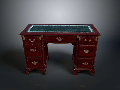 Chinese Style Dark Red Wooden Desk With Green Tabletop And Metal Decorations 3d model