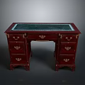 Chinese Style Dark Red Wooden Desk With Green Tabletop And Metal Decorations