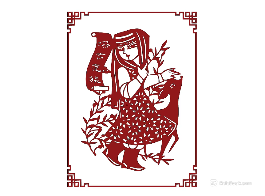 Red Paper Cut Style Wall Decor With Traditional Costume Woman And Bamboo 3d model 