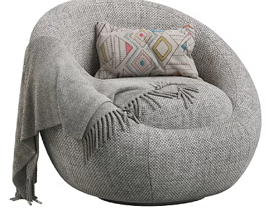 Plush Gray Round Bean Bag Chair With Geometric Patterned Pillow And Soft Blanket 3d model