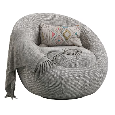 Plush Gray Round Bean Bag Chair With Geometric Patterned Pillow And Soft Blanket 3d model