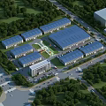 Industrial Factory Complex with Multiple Buildings Blue Roofs Surrounded by Greenery Parking and Roads