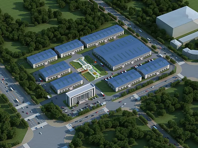 Industrial Factory Complex with Multiple Buildings Blue Roofs Surrounded by Greenery Parking and Roads 3d model