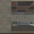 Garden Landscape With Wooden Slatted Ceiling Windows Tree Views Sofa Dining Table And Green Plants