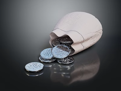 Silver Coin Jewelry Spilling From Linen Pouch On Reflective Black Surface 3d model