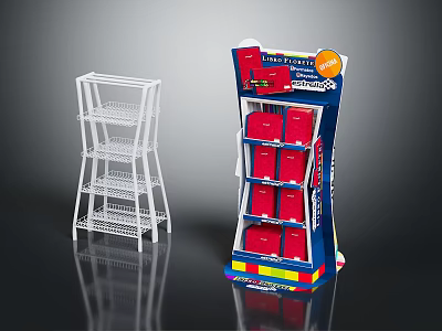 White Metal Multi Tier Shelving Unit And Blue Retail Display Rack With Red Bins 3d model